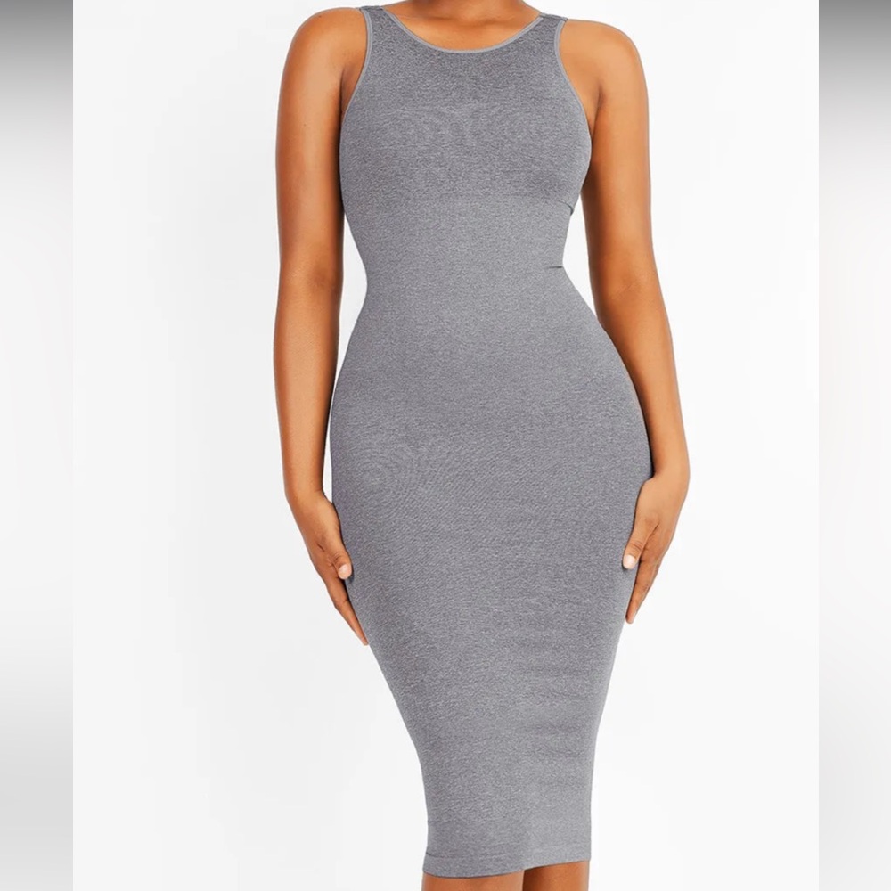 popilush gray ribbed built in shapewear Bodycon Midi Dress